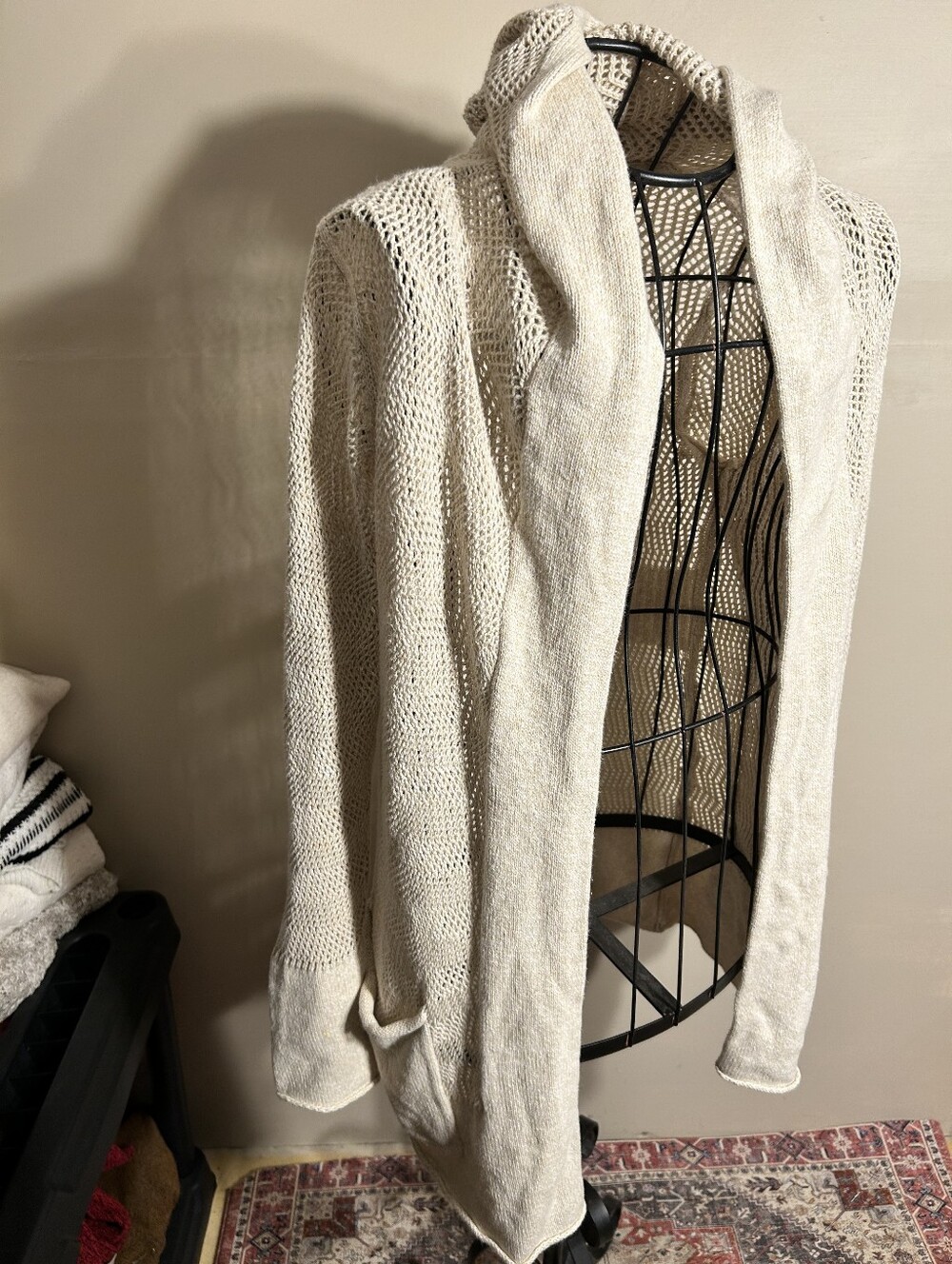 linen cotton Eddie Bauer tan open long sweater coverup womens size small hoodie